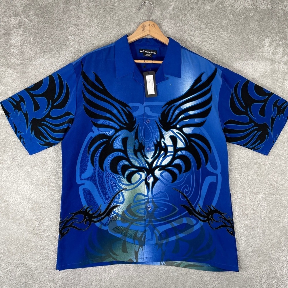 No Boundaries Tribal Graphic Shirt Mens Large Y2K Skater Short Sleeve Button